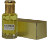 Blue Magic fragrance notes in a glass bottle with gold cap and packaging.