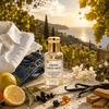 Exotic white musk fragrance bottle among fruits and flowers with a scenic sunset view.