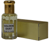 Golden Dust fragrance bottle with gold cap and box, featuring a sweet scent of chocolate, caramel, vanilla, and honey.