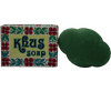 Handmade khus soap with floral packaging, showcasing a green, animal fat-free bathing soap.
