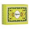 Handmade lemon soap in a vibrant green box adorned with floral design, featuring the word 'Lemon' elegantly displayed.