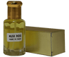 Musk Rose fragrance oil in a bottle with golden cap and box, made in India.