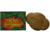 Handmade patchouli soap displayed with its packaging, showcasing its natural and artisanal qualities.
