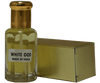 Bottle of white oudh fragrance with a gold cap, packaged in a gold box, made in India.